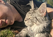 A Maine Coon–type cat rests comfortably on the person’s chest on the grass.